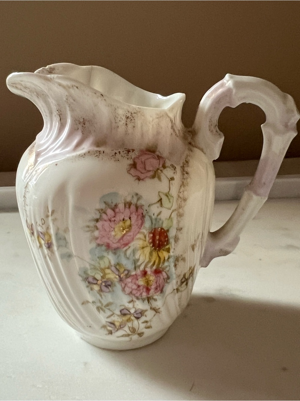 Vintage Floral Porcelain Pitcher - Pink and Cream about 5.5” tall